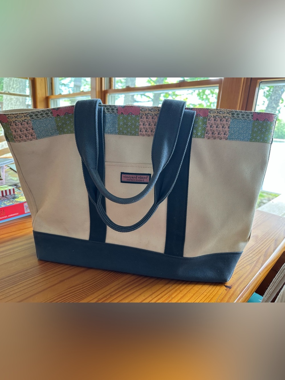 Vintage Vineyard Vines Cream Canvas Tote with Navy Accents and Patchwork Trim